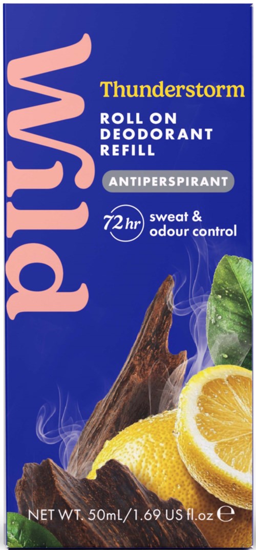 Blå förpackning för Thunderstorm roll-on deodorant refill med citron, grön blad och trädoft.