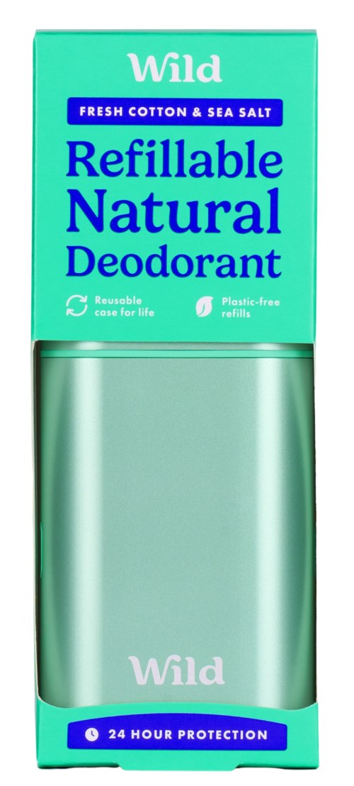 A green and blue box with a silver deodorant stick inside, labeled as natural, refillable, and sea salt scent.