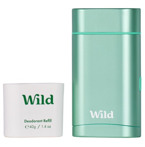 A white container and a tall green thermos with 'Wild' labels, used for deodorant and drink storage.