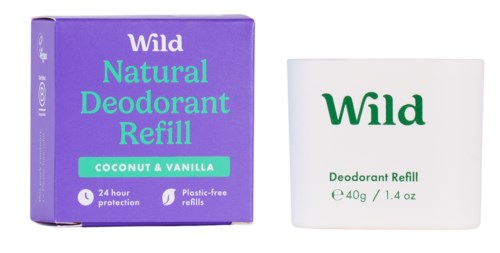 A purple box of natural deodorant refill with coconut and vanilla scent, and a white container of deodorant.