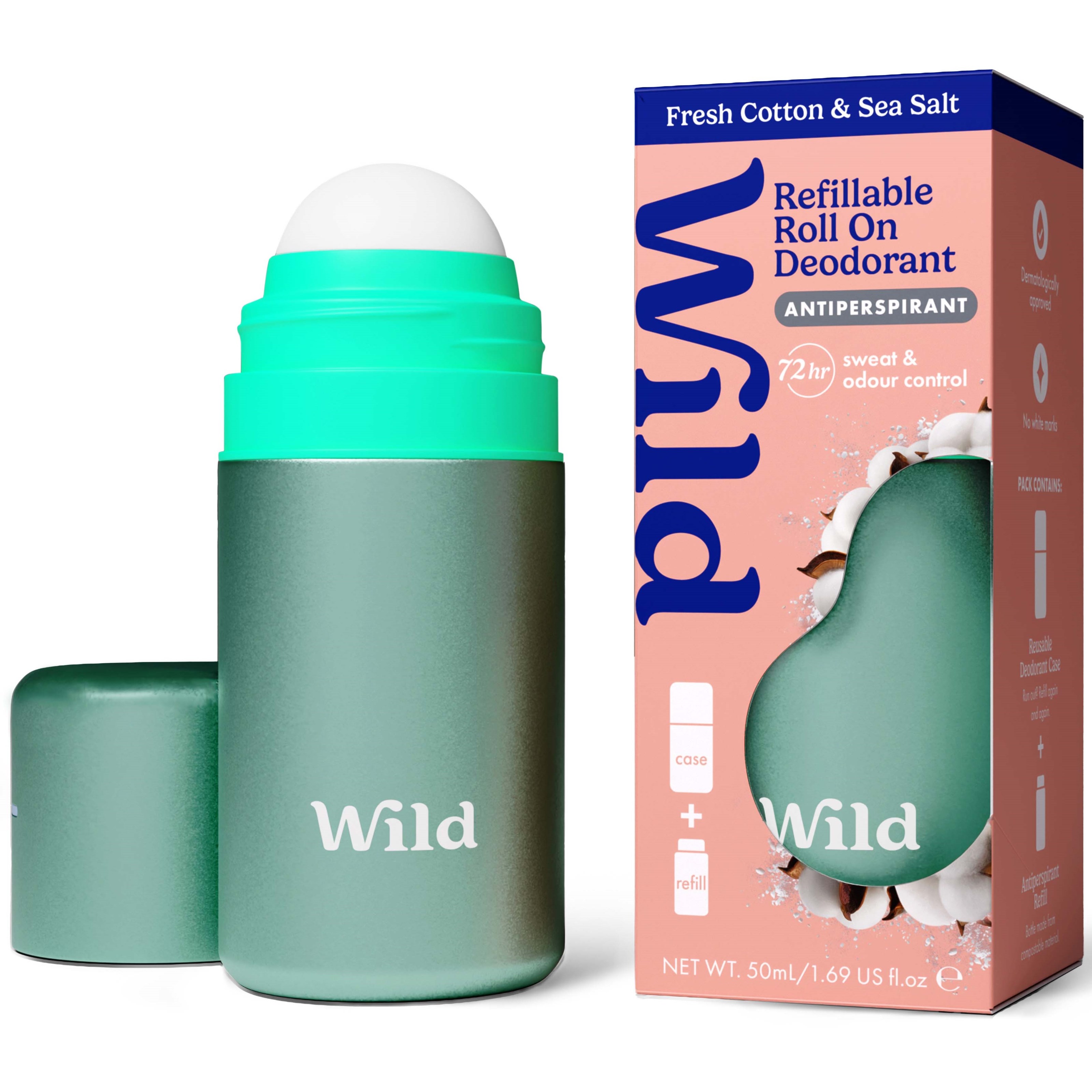 Wild Deo Roll On Aqua Case Fresh Cotton & Sea Salt 50 ml billede