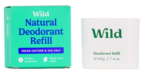 Een groene doos met 'Wild Natural Deodorant Refill' en een witte refill container met 'Wild'.