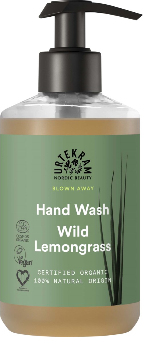 Butelka mydła w płynie z pompą, oznaczona 'Wild Lemongrass,' w zielonych i czarnych kolorach z symbolami naturalnych składników.