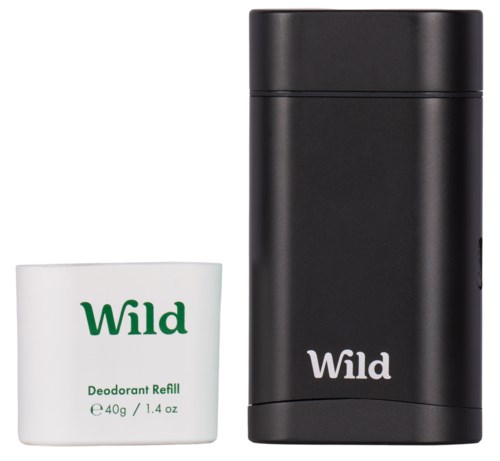 A deodorant refill container and a black bottle with "Wild" written on both items.