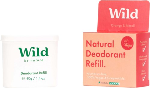 Wild deodorant products: a small white container and a red refill box for natural, vegan, and aluminum-free deodorant.