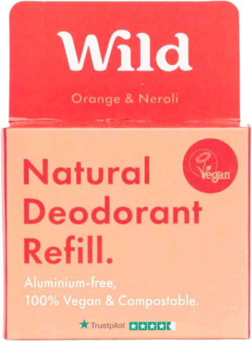 A box labeled 'Wild' with orange and neroli scent, promoting a vegan, natural deodorant refill, aluminum-free, eco-friendly.