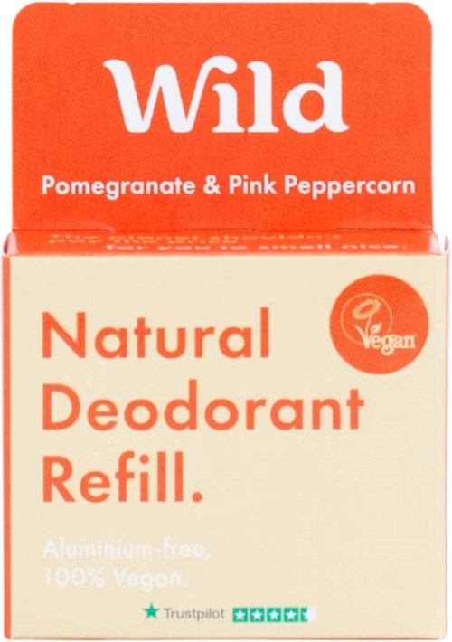 A box label for Wild brand natural deodorant refill, pomegranate and pink peppercorn scent, vegan and aluminum-free.