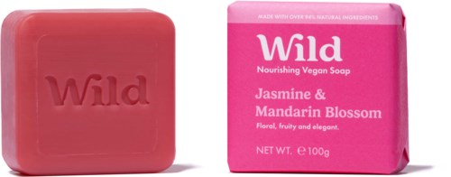 Pinkki saippuapala ja samanvärinen pinkki laatikko, tekstit "Wild Jasmine & Mandarin Blossom."