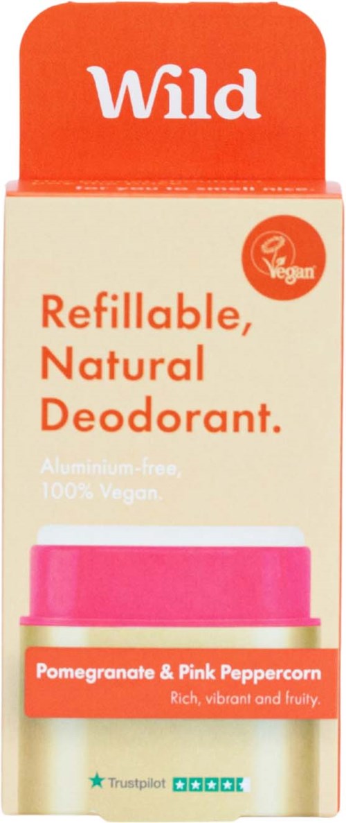 A deodorant box labeled 'Wild' with Pomegranate & Pink Peppercorn scent, refillable, vegan, and natural, with a colorful design.