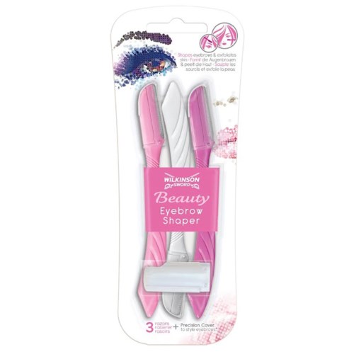 Kolme pinkkiä kulmakarvamuotoilijaa valkoisilla osilla, muovipakkauksessa, jossa lukee "Beauty Eyebrow Shaper" Wilkinsoniltä.