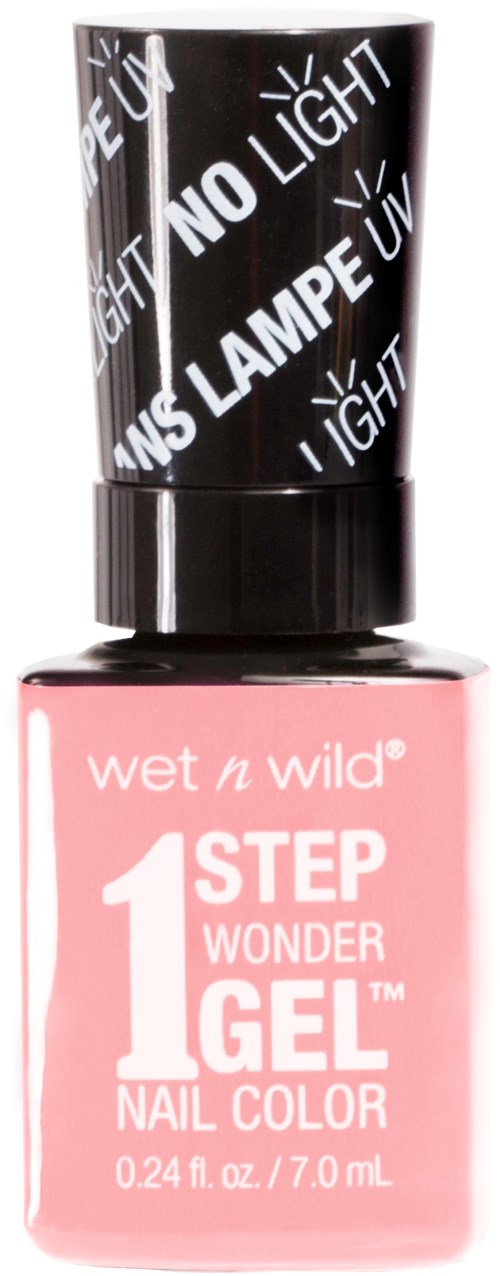 Lila nagellackflaska med svart lock, visar märket Wet n Wild och produktnamnet 1 Step Gel.
