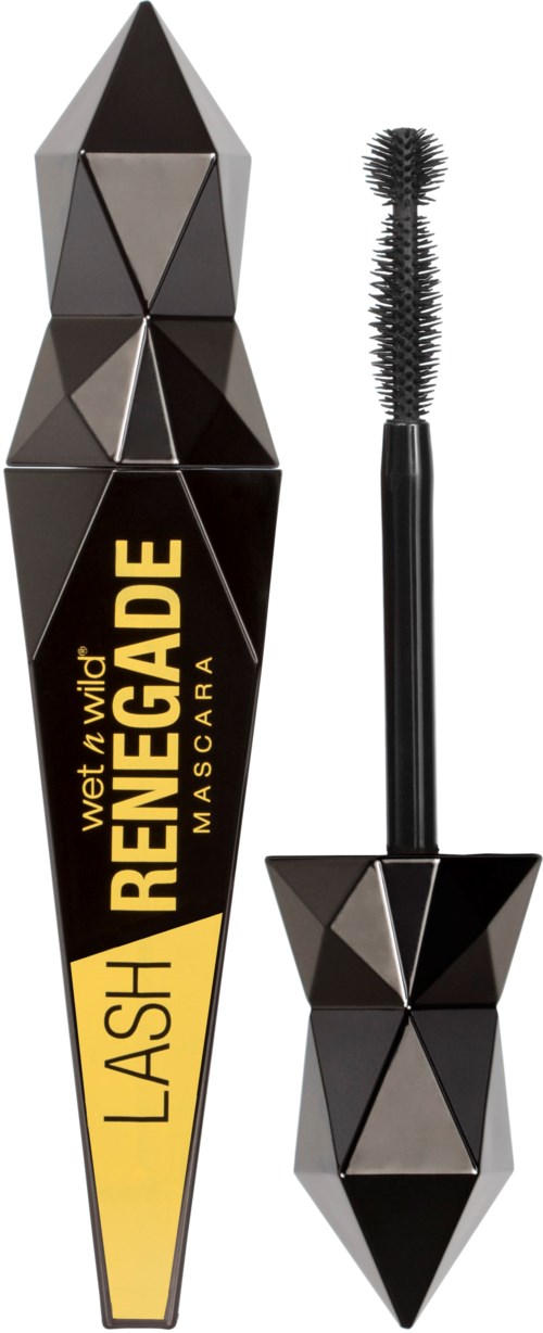Mascara-flaska med ett geometriskt svart kubformat lock och en gul etikett som säger "LASH RENEGADE."
