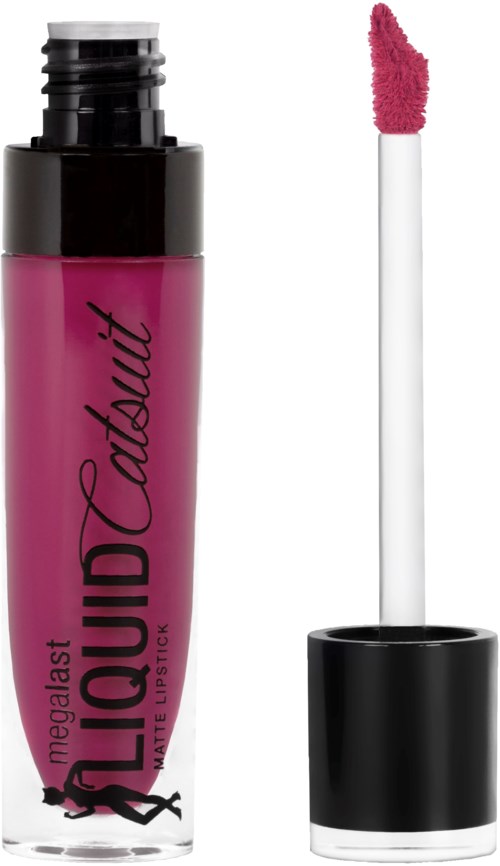Pink flytande läppstift med svart lock och applikatörsstav. Produktnamnet är MegaLast Liquid Catsuit.