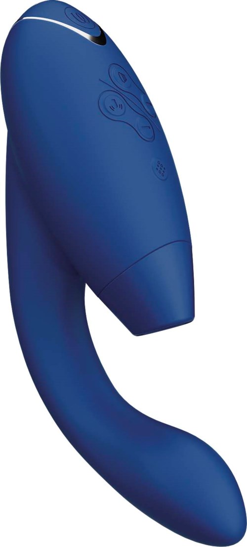 En blå personlig massager med en kurvig form och blommönster på ovansidan.