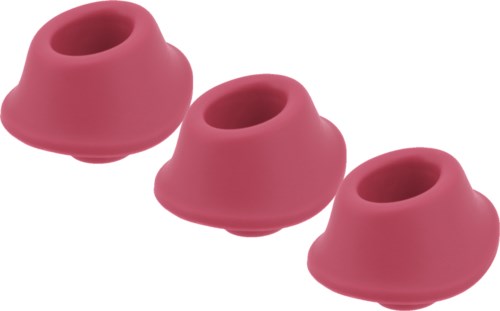 Kolme pinkkiä sormien suojaimia, pieniä ja pyöreitä, suunniteltu suojaamaan sormia.