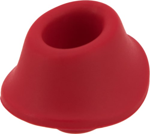 Rød silikon ørepropp, liten, rund, designet for å blokkere lyd, glatt overflate, kompakt form.