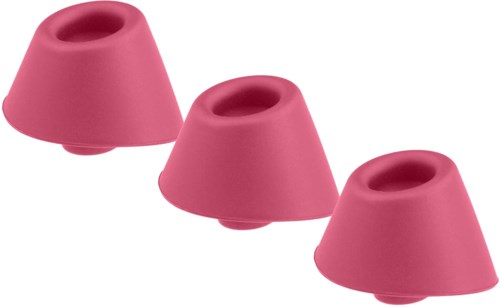 Tre rosa gummi-dörrstoppare med hål upptill, placerade i rad.