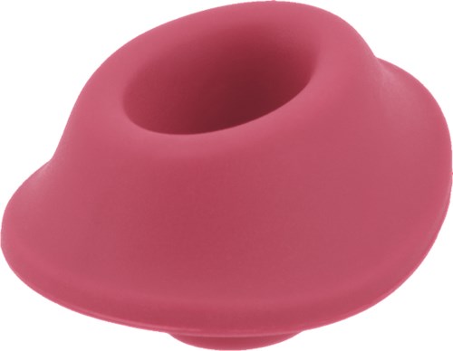 En rosa silikondeksel med åpning, ser ut som en liten myk sko eller hatt. Den er glatt og rund.