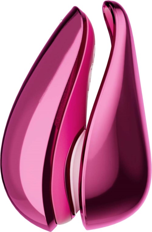 Two pink, shiny objects resembling open petals or leaves. They are smooth and curved, with a glossy finish.