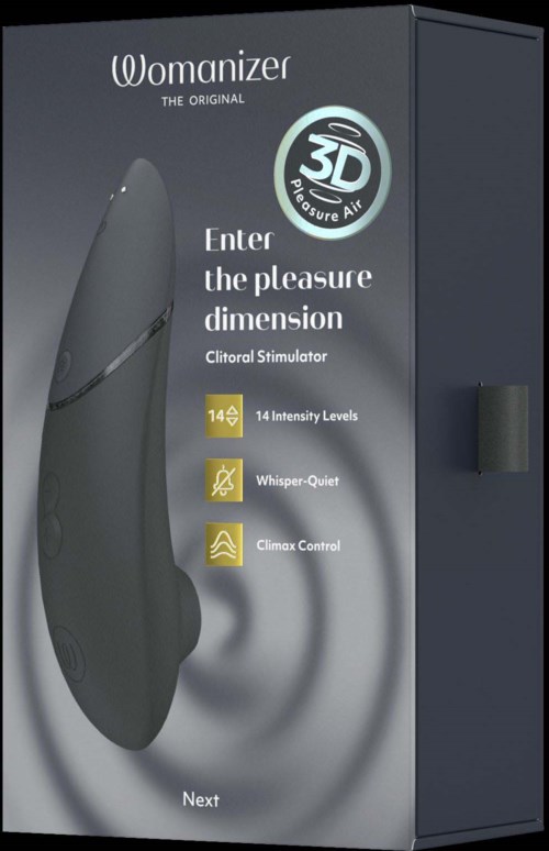 En mörk låda visar en womanizer-produkt med en logga, som beskriver funktioner som intensitetsnivåer, tyst drift och kontroll av klitoris.