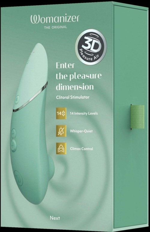 Grön förpackning med produkten Womanizer, som har en klitorisstimulator, 14 intensitetsnivåer, tyst och kontroll för orgasm.