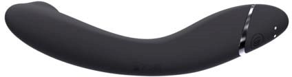 A black curved device, likely a personal massager or vibrator, with a small control button and silver accent.