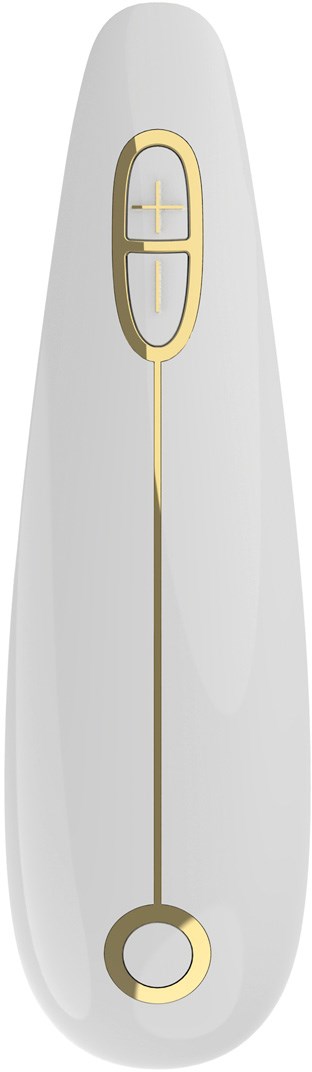 Eine weiße Computermouse mit goldener Umrandung, mit zwei Tasten und einem Scrollrad. Das Design ist elegant und modern.