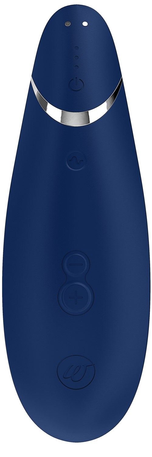 A blue handheld device with a big smiley face, buttons, and a sleek design.