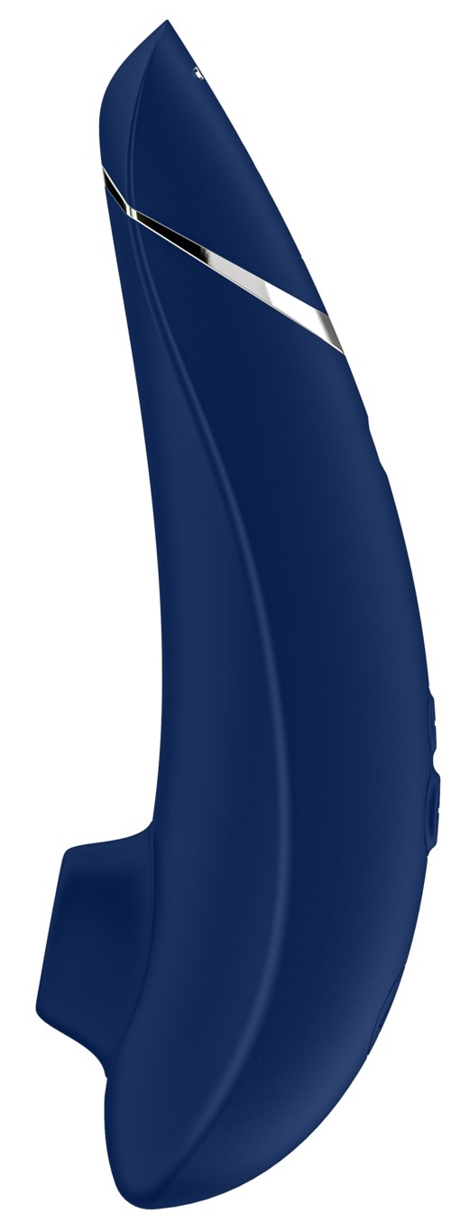 A sleek, blue, curved electronic device with a silver stripe, possibly a gaming controller or remote.