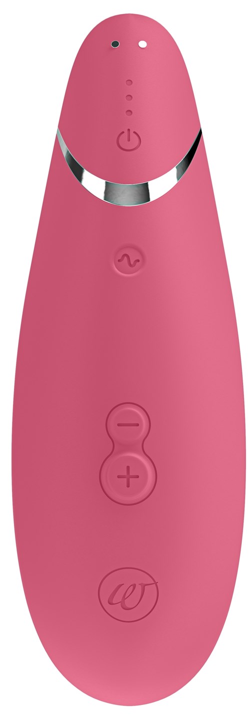 A pink device with buttons, a power symbol, and small sensors at the top, possibly a personal care or beauty gadget.