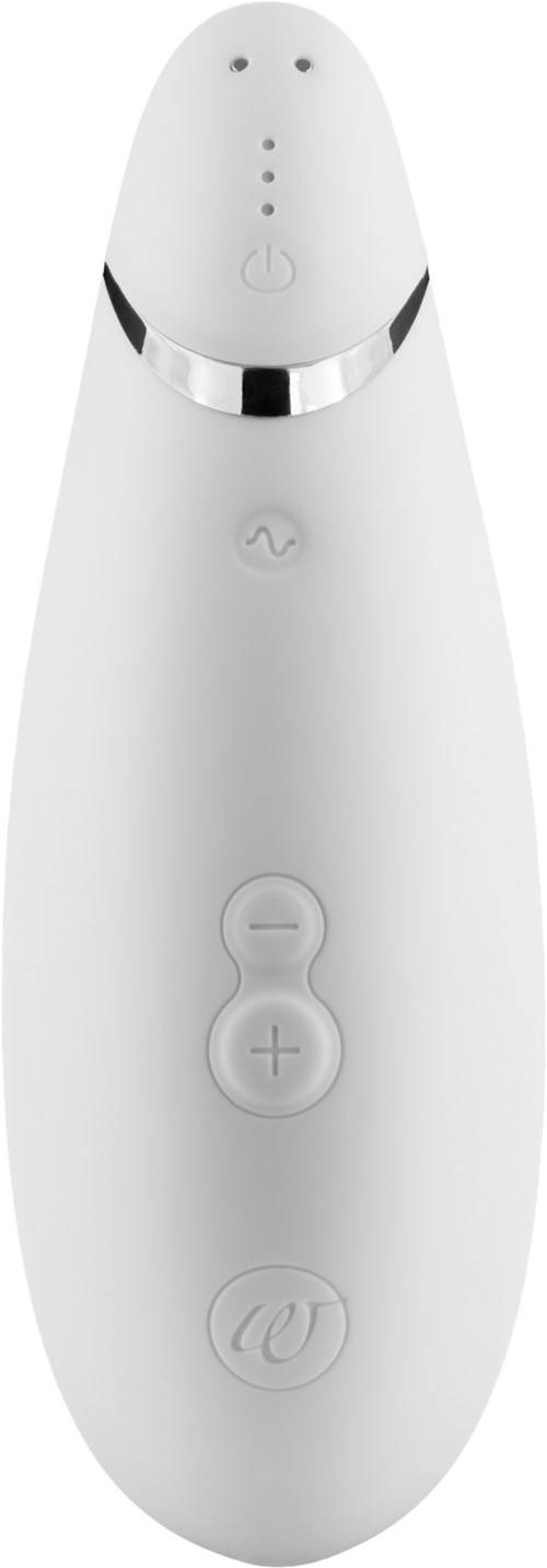 A white skin care device with buttons for power, temperature, and vibration, and a rounded head with small holes.