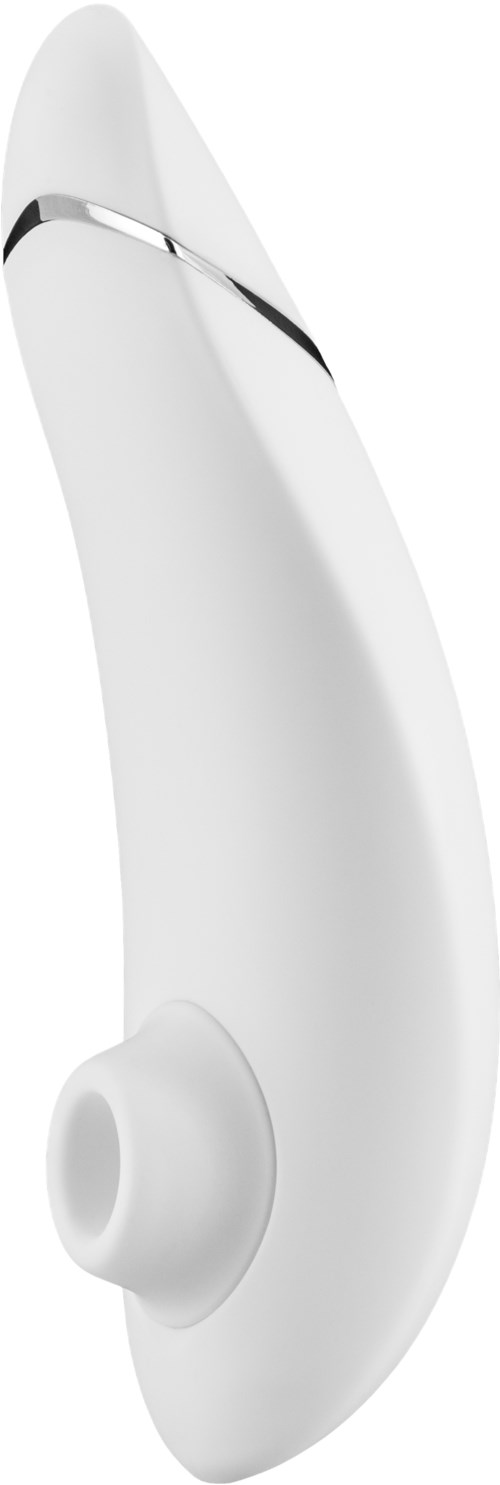 A white hearing aid with a sleek design and a silver accent, smooth surface, and a small speaker opening.