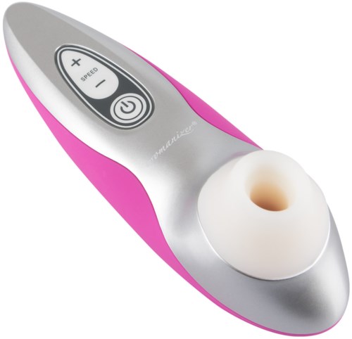 En liten personlig enhet med knapper og en rund åpning, rosa og sølv i farge.