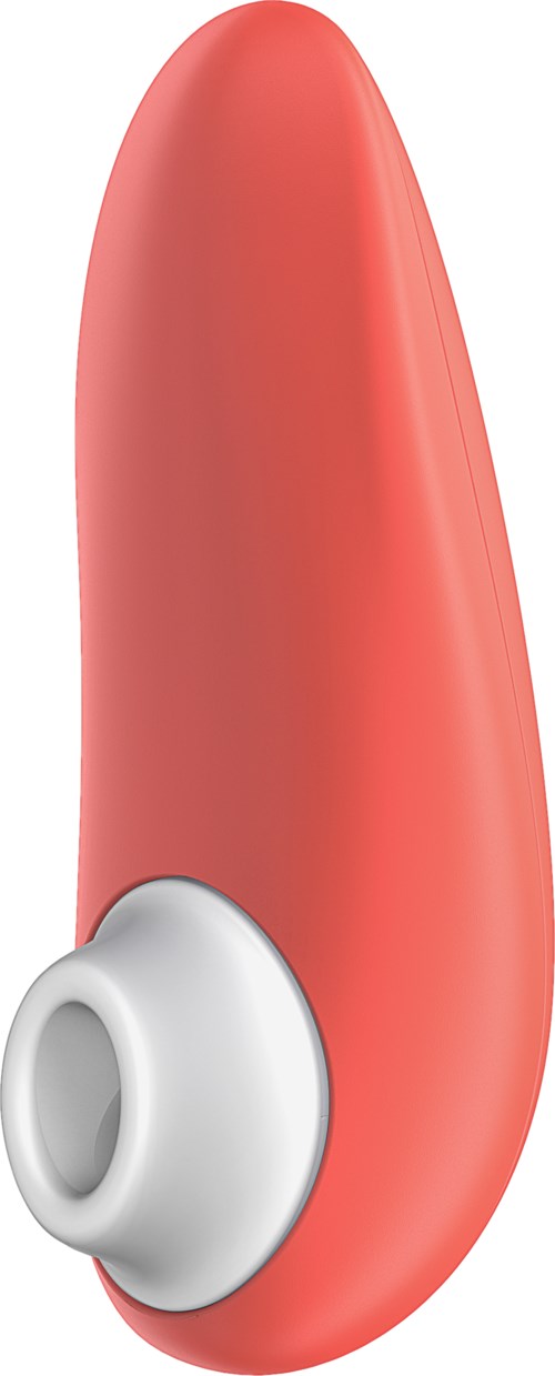 Een rood ergonomisch apparaat met een witte ronde punt aan de voorkant.