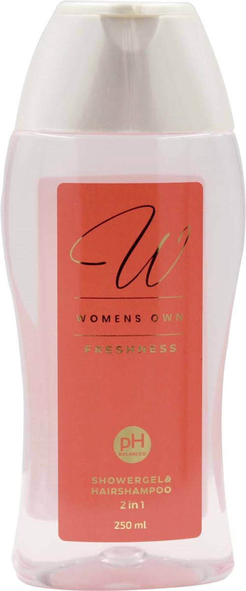 Eine rosa-klare Kunststoffflasche mit Damen 2-in-1 Duschgel und Shampoo mit weißem Deckel.