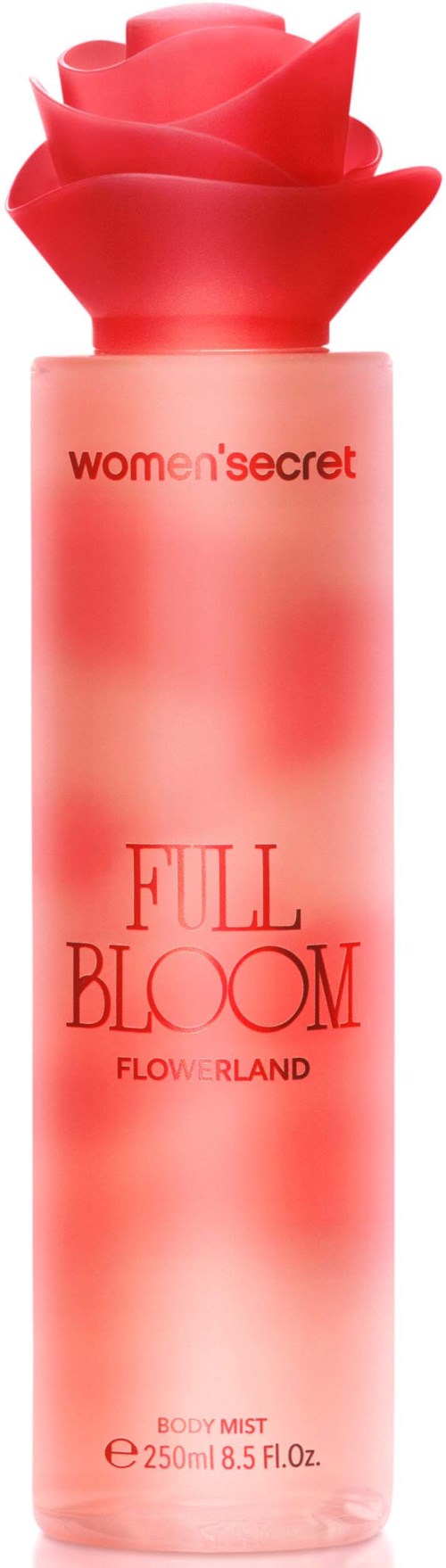 Różowa butelka mgiełki do ciała z zakrętką w kształcie róży, oznaczona 'Full Bloom' od Women'Secret.