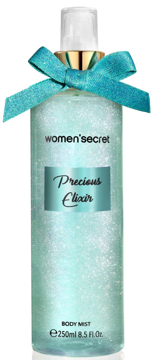 Pitkä vaaleansininen vartalosuihkupullo, jossa kultainen suojus ja sininen nauha, etiketissä "Women'Secret Precious Elixir."