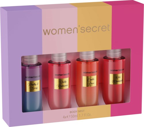 Neljän Women's Secret vartalosuihkeen pulloa värikkäässä pakkauksessa pinkissä laatikossa.