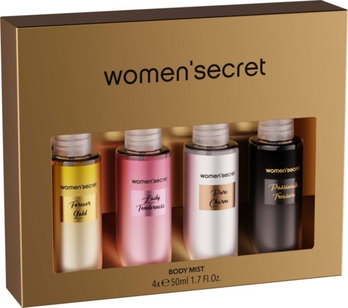 Neljä pientä pullollista naisten kehotilaa eri väreissä kultaisessa laatikossa. Tuotenimet ovat women'ssecret.