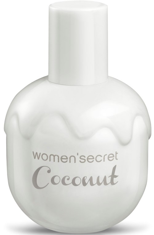 En vit flaska med rundad form och lock, märkt "women'secret Coconut" för doft eller kosmetisk användning.