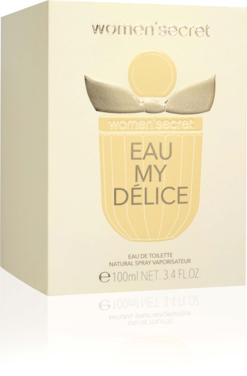 Hajuvesipakkaus yksinkertaisellaDesignilla, sisältää keltaisen pullon ja tekstit "Eau My Délice" ja "Women Secret."