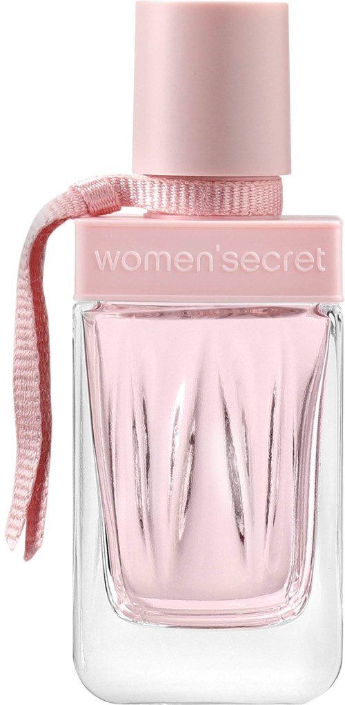 En rosa parfymflaska med en mjuk rosa kork och en rosa snodd runt halsen.