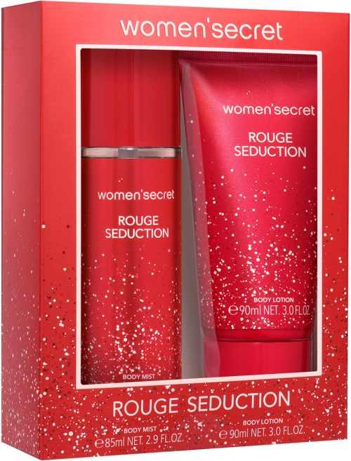 Punainen rasia sisältää vartalomistetin ja voiteen, molemmissa 'Rouge Seduction' merkinnällä, glitter-Design.