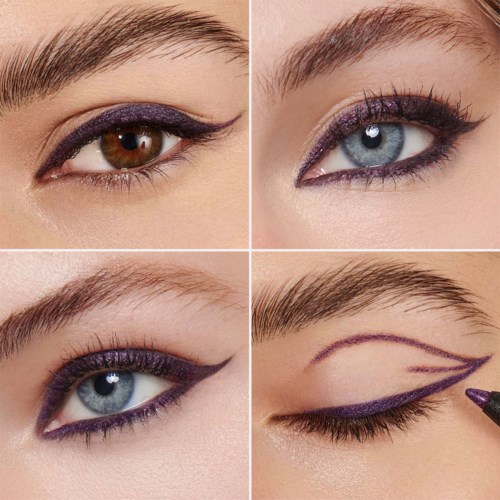 Bildet viser fire bilder som demonstrerer forskjellige øyesminkestiler, inkludert lilla eyeliner og øyenskyggeteknikker.