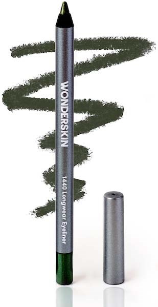 A green and silver eyeliner pen with cap off, showing black color, and a swirled green line drawn.