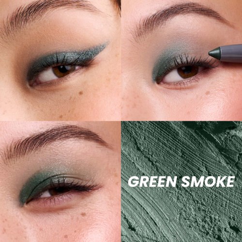 Make-up op de oogleden met groene oogschaduw en een oogpotlood.