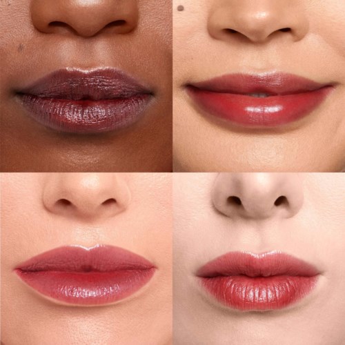 Kollasjer av lepper før og etter bruk av ulike nyanser av leppestift og lipgloss.