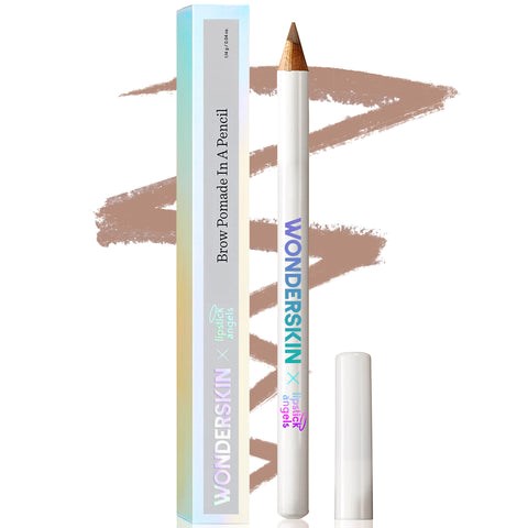 A brow pencil with a white cap and light blue and purple text, and a box for the pencil, both on a brown streaked background.