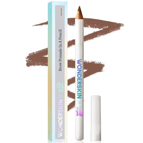 A pencil-shaped makeup product, with a brown tip and a white body, labeled "WONDERSKIN". It appears to be a brow pencil.
