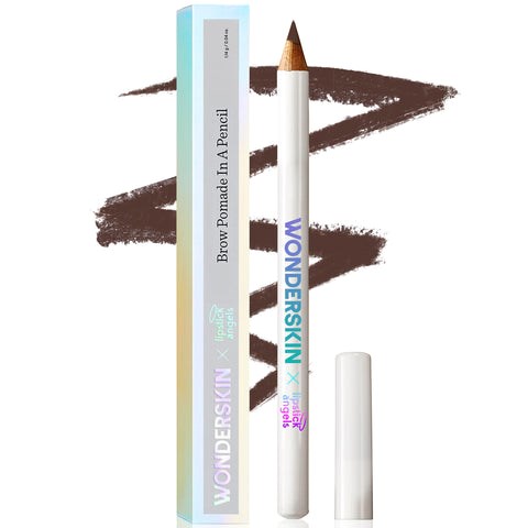 A white pencil with blue and purple text, next to a matching box, on a brown brush stroke background.
